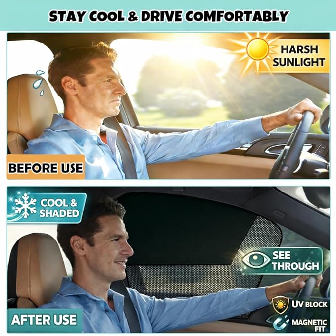 Car Window Shades, 2 Pack Magnetic Half Blackout & Half See-Through Car Shades for Side Windows, Front Window Cover Block Heat UV Rays Glare for Driver Passenger