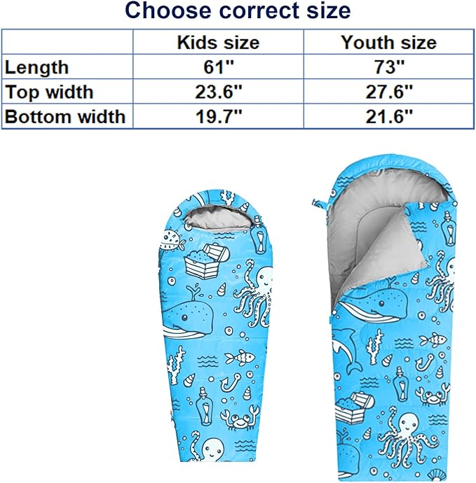 KidzAdventure Mummy Style 32 – 59F Kids Sleeping Bag with Pillow Sleeve, 4 Season, Lightweight and Backpacking Style, Ideal for Camping, Sleepover, Boys, Girls, and Youth