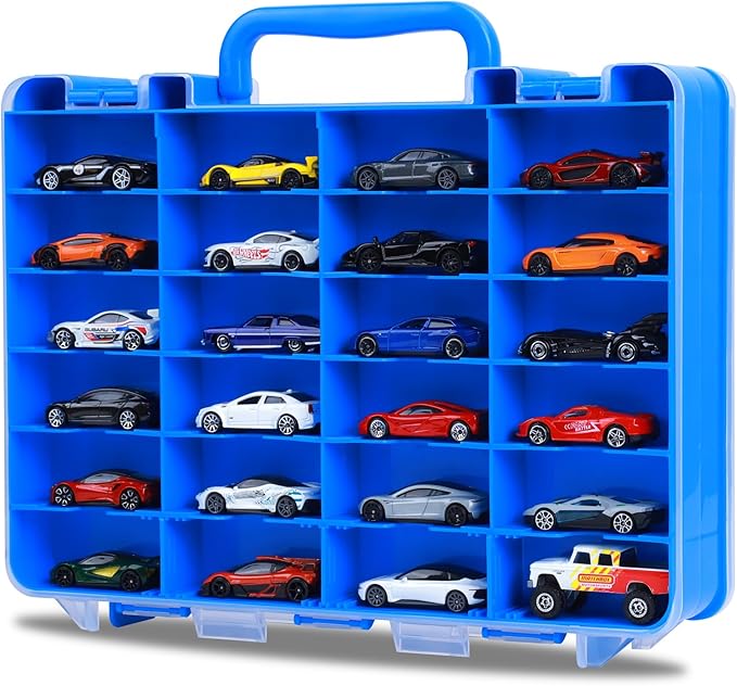 Saichotoy Storage Case for Hot Wheels - Carrying Display Case for 1/64 Scale Toy Cars, 48-Slot Double-Sided Transparent Organizer with Adjustable Dividers (Blue, 1 Pack)
