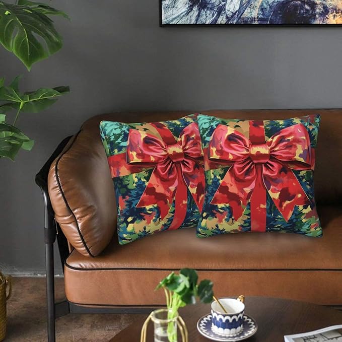 Christmas Bow Art Theme Throw Pillow Covers 18x18 inch Set of 2 Pillow Case Cushion Cover for Home Sofa Couch Living Room Car Decor