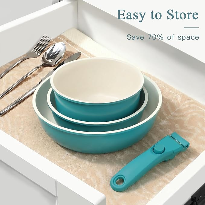 GIPP 11pcs Pots and Pans Set Non Stick, Nonstick Cookware Set Detachable Handle, Ceramic Pots for Cooking Non Stick with Removable Handle, RV Cookware Set for All Stoves, Light Blue Gradient