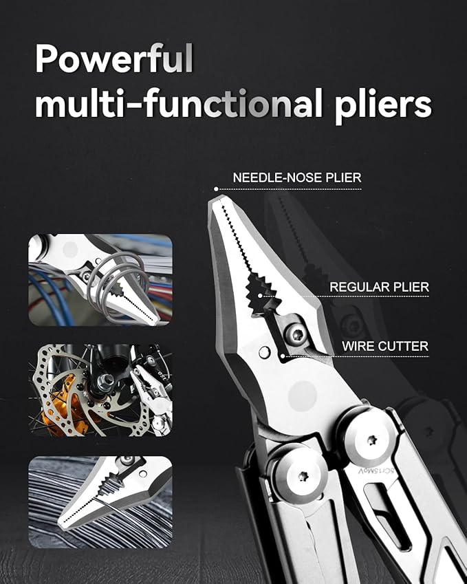 Multitool 15-in-1 Stainless Steel Multi Tool Pliers with Knife, Spring-Action Pliers and Scissors, Multitool for Survival, Camping, Hiking, Gifts for Men (Grey)
