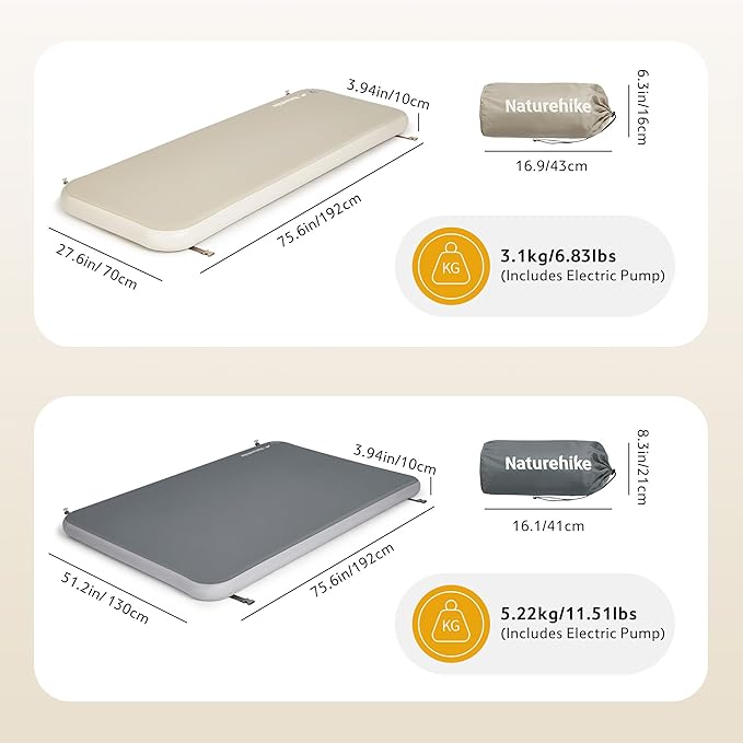 Naturehike 4" Drop Stitch Single Sleeping Pad with Electric Pump, 441 LBS Non-Collapsible Strong Support, Connectable Camping Mattress, 40s Fast Inflatable Air Mattress for Home, Camping, Guest