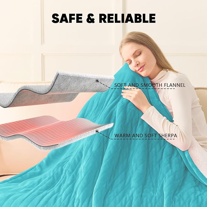 greenoak Heated Blanket Electric Throw 50"X60", Heating Blanket with 10 Heat Levels 1/2/4/6/11 Hours Auto-Off Overheat Protection, Flannel Sherpa Soft Warm Heater Blanket, ETL Certified Lake Blue