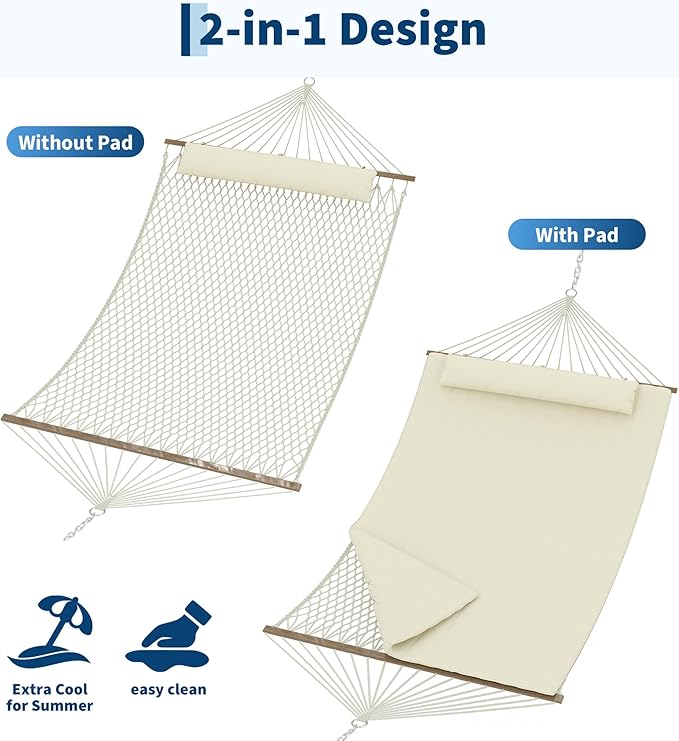 2 Person 12FT Hammocks for Outside, Double Quilted Fabric Outdoor Hammock with Spreader Bar, Large Removable Pillow, Storage Pockets, Carabiners, Max 450 Lbs Capacity