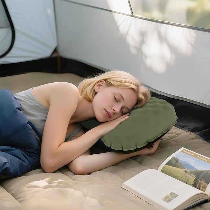 UWILLION Camping Pillow with Ice Silk Memory Foam Cover - Ultralight Inflatable Pillow for Camping Lightweight, Ergonomic and Washable for Camping, Hiking, and Travel Green