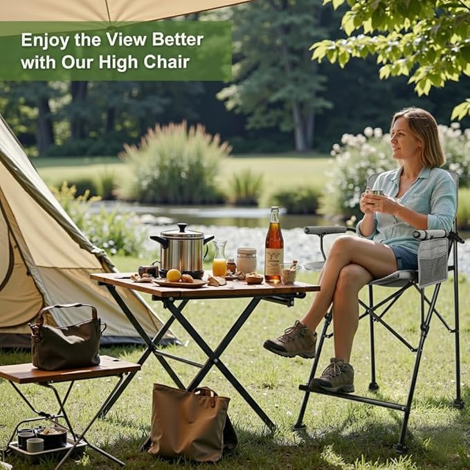 LANMONTAIN 2 Pack Tall Folding Camping Chairs,30.7'' Seat Height Portable Hard Arm Bar Chairs w/Cup Holder,Side Mesh Pocket and Footrest,Heavy Duty Support 350 Lbs Comfy Director Chairs,Black&Grey