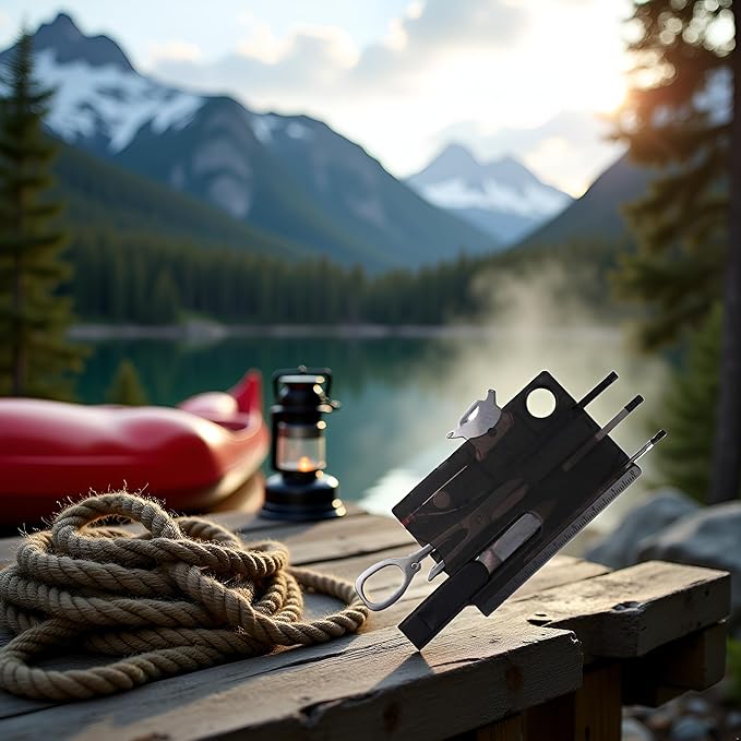 Black 12-in-1 Pocket Multi Tool - Credit Card Size Survival Gear for EDC | Outdoor Compact Multitool Kit with Keychain,Hand Tools and Accessories