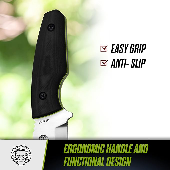 Holtzman's Gorilla Survival Tanto Fixed Blade Neck Knife with Kydex Sheath & Ferro Rod (Silver+Green) - Ideal for Outdoor Activities and Everyday Carry