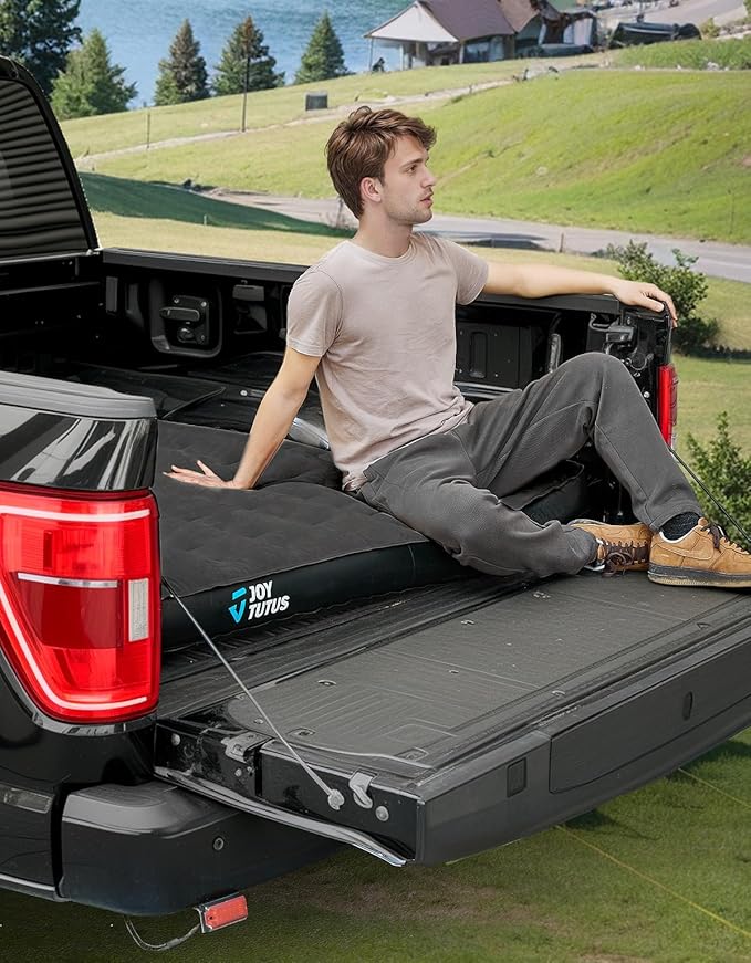 JOYTUTUS Truck Bed Air Mattress for 6.4-6.7Ft, Full Size Regular Beds for Pickup Outdoor Camping, Truck Tent Accessories with Carry Bag & Cup Holder & Cavity Design, Black