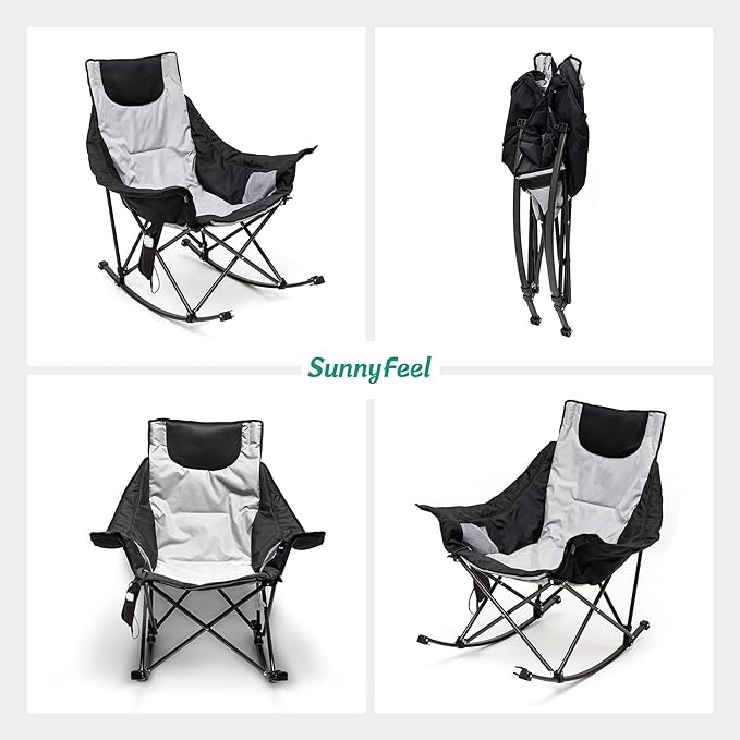 SUNNYFEEL Oversized Heated Rocking Camping Chair, Fully Padded Patio Chair with Side Pocket, High Back Portable Lawn Recliner with Carry Bag, Outdoor Rocker Camp Chair for Adults Heavy Duty 500 LBS