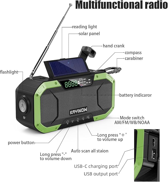 Hand Crank Emergency Radio,Portable AM FM NOAA Weather Radio,Solar Power,18500mWh/5000mAh Battery Operated,USB Charging Flashlight,Waterproof,SOS for Camping,Power Outage,Survival Storm