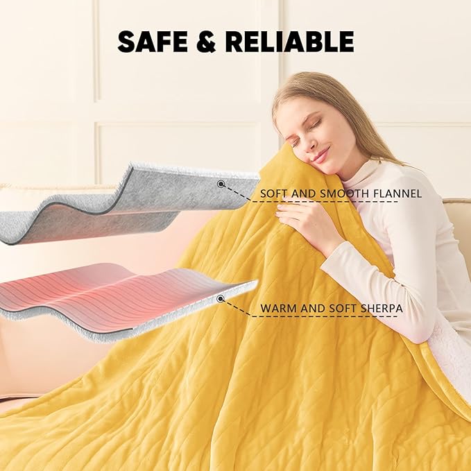 greenoak Heated Blanket Electric Queen Size 84"X90" Dual Control, Heating Blankets with 10 Levels 8 Hours Auto-Off, Soft Flannel Fluffy House Warming Gifts for Grandma Seniors Mom,Ginger Yellow