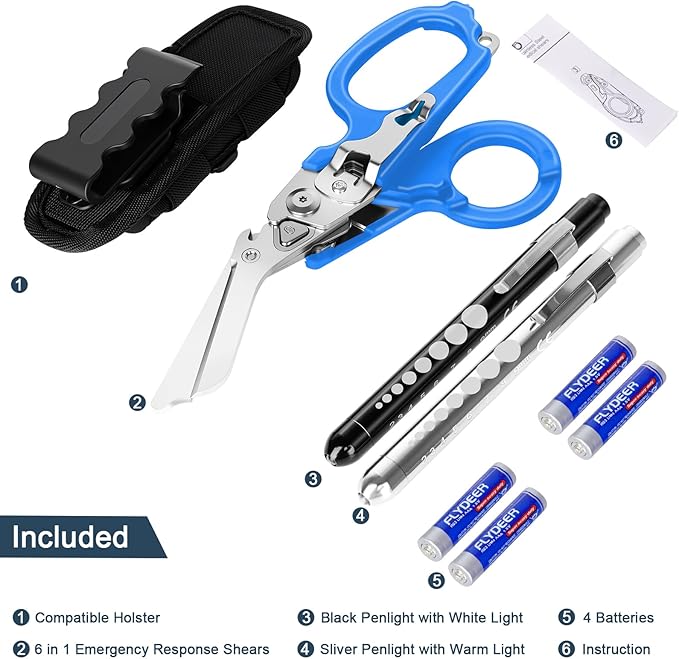 6 In1 Multifunction Emergency Response Shears, Stainless Steel Foldable Trauma Shears with Strap Cutter and Glass Breaker,Medical Scissors with Holster and Penlight Blue
