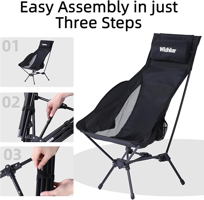 Wildhiker Portable Compact Folding Camping Chairs – Lightweight High Back with Pillow, Deep Recline, ArmPads, Side Pockets-for Motorcycle, RV, Backpacking, Travel, Festival – Green