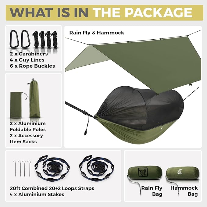 Miztli Camping Hammock with Net & Rain Fly All-in-1 - Double & Single Portable Hammock Ripstop Nylon, Complete Kit w/Adjustable Tree Straps for Backpacking, Outdoor, Travel