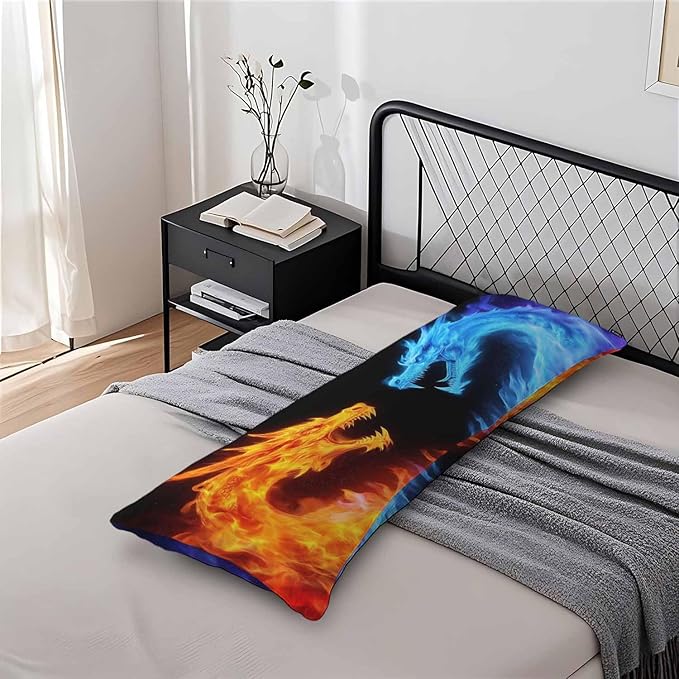 Body Pillow Covers Dragon Body Pillowcase 20"X54", Blue Red Fiery Dragons Couch Side Sleeper Pillow Cases for Home Bedroom, Outdoor Body Cushion Cover for Men Women