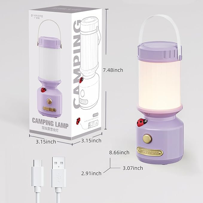 HOMY Ladybug Rechargeable Camping Lantern for Kids, 3-Color Dimmable LED, Tent Hook & Handle, Small Portable USB Safe Night Light for Outdoor/Kids Camping Gear