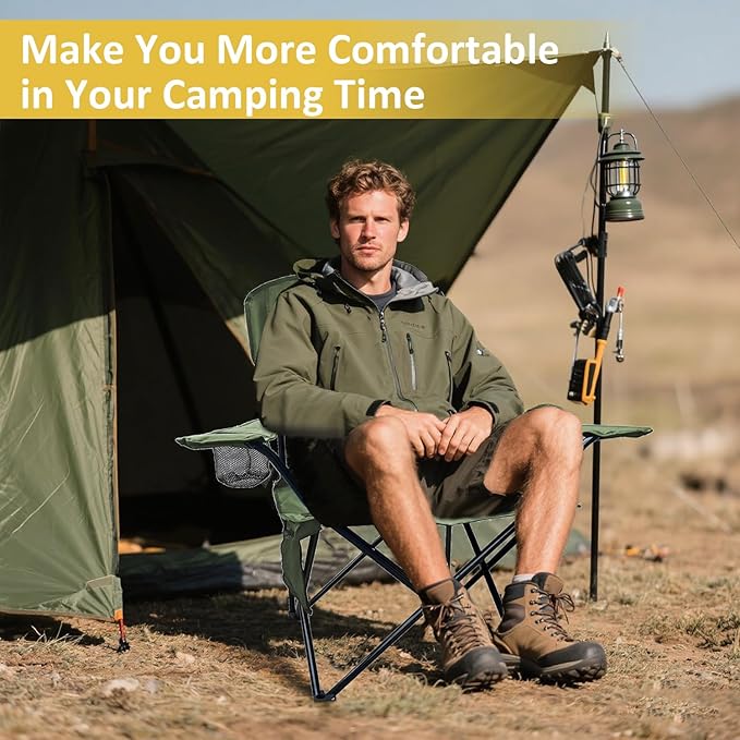 Folding Camping Chair with Cup Holder & Storage Bag, 225lbs Capacity, Large Anti-Sink Feet, Breathable PE Coated Fabric for Outdoor, Hiking, Beach, Fishing, Backpacking, Green