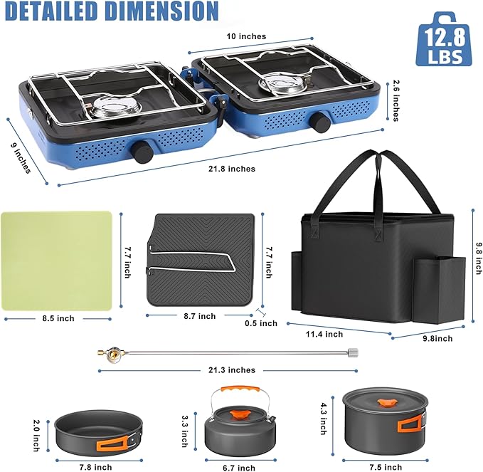Hisencn 2 Burner Propane Camping Stove, 30000 BTU Foldable Portable Gas Stove with Cookware Set & Carry Bag, Outdoor Cooking for Camping, RV, Emergency Use, Blue