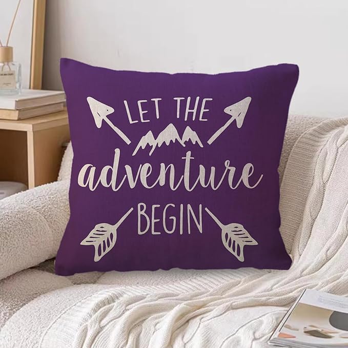 ULOVE LOVE YOURSELF Adventure Arrow Throw Pillow Covers Mountain Forest Pillowcases 18 x 18 Inch Let The Adventure Begin Decorative Cushion Covers for Cabin/Camper (Purple)