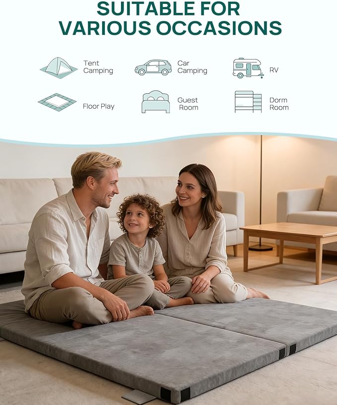 Releep 3 Inch Kids Dual-Sided Memory Foam Camping Mattress, Waterproof Camping Sleeping Pad with Portable Pillow & Carry Bag, Roll Up Cot Mattress Mat for Guest Bed/Car/Tent