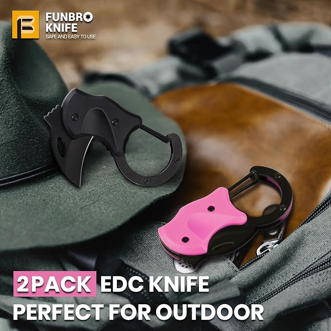 FUNBRO 2 Pack Small Pocket Knife Gifts for Men & Women, Folding Box Cutter, Birthday & Christmas Stocking Stuffers Gifts Idea for Wife Husband Dad Mom (Black & Pink)