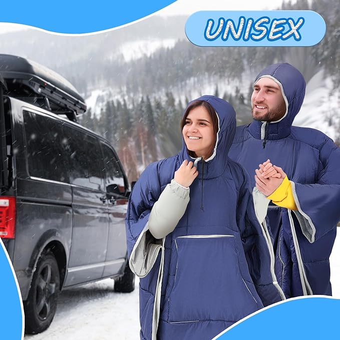 Preboun Thermal Poncho Wearable Hooded Blanket Winter Poncho Wearable Sleeping Bag Water Resistant Windproof for Men Women