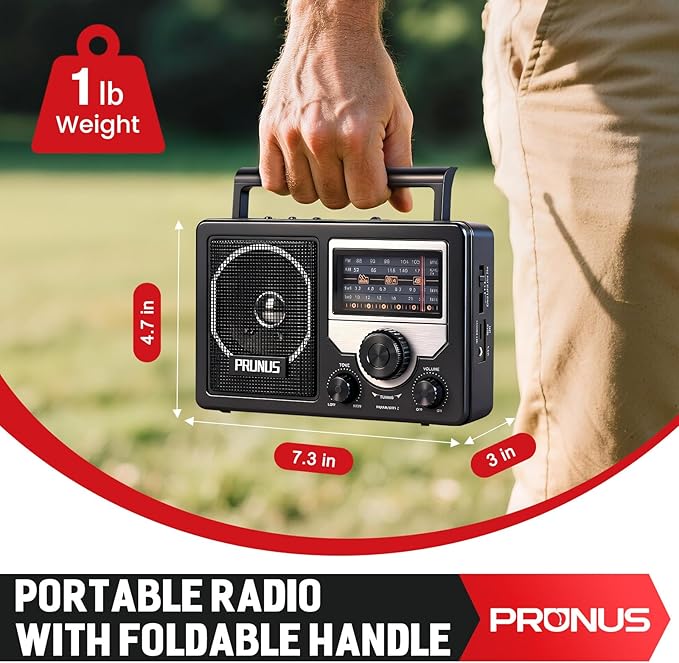 PRUNUS J-81 AM FM Radio Portable Bluetooth, Solar/D Battery Operated/USB-C Rechargeable for Emergency, Transistor Radios with Headphone Jack,Support TF Card/USB Playing, Large Knob Easy to Use