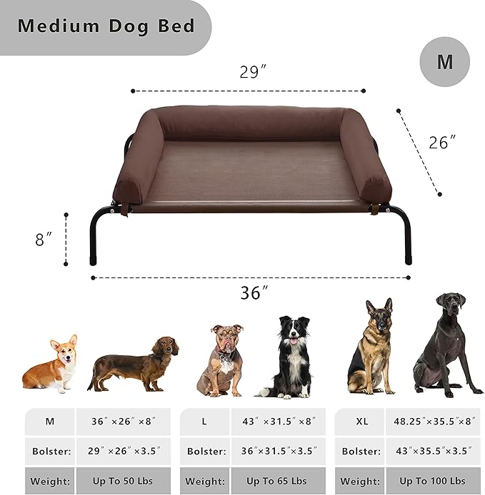 Cooling Elevated Dog Bed - Outdoor Medium Raised Dog Cot W/Breathable Mesh, Portable Pet Cot W/Removable & Waterproof Bolster,Elevated Dogs Beds