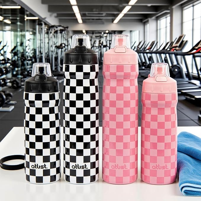 Kids Water Bottle with Straw 18 oz - Stainless Steel Insulated Tumbler for Gym & Bike (Fits Holders) - Leak Proof Pop-Up Lid, 2-in-1 Sip or Chug, Handle & Cute Pink Checkered Print
