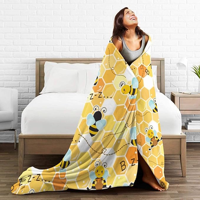 Cute Bee Blanket Soft Cozy Plush Throw Blanket Gifts for Bee Lover Warm Lightweight Flannel Fuzzy Fleece Bedding Stuff Decor Blanket for Girls Boys Kids Adults Women 60"x80"