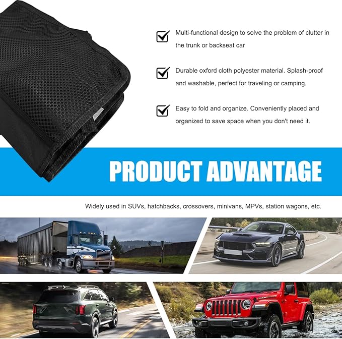Hanging Car Trunk Organizer, Detachable Seat Back Storage Bag with Lids & 7 Large Pockets, Waterproof Space Saving Cargo Hanging Storage Container for Cars SUVs Vans (Black)