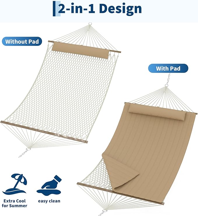 2 Person 12FT Hammocks for Outside, Double Quilted Fabric Outdoor Hammock with Spreader Bar, Large Removable Pillow, Storage Pockets, Carabiners, Max 450 Lbs Capacity
