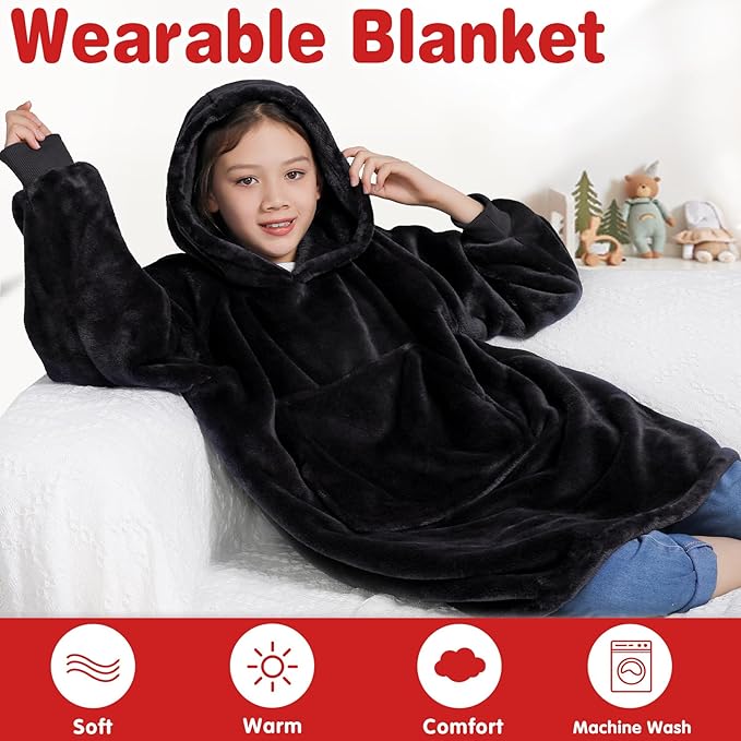 Waitu Wearable Blanket for Kids, Cozy Wearable Blanket Hoodie for Teens Girls Boys, Warm Blanket Sweatshirt Gift for Teenage, Hoodie Blanket with Sleeves and Giant Pocket - Black