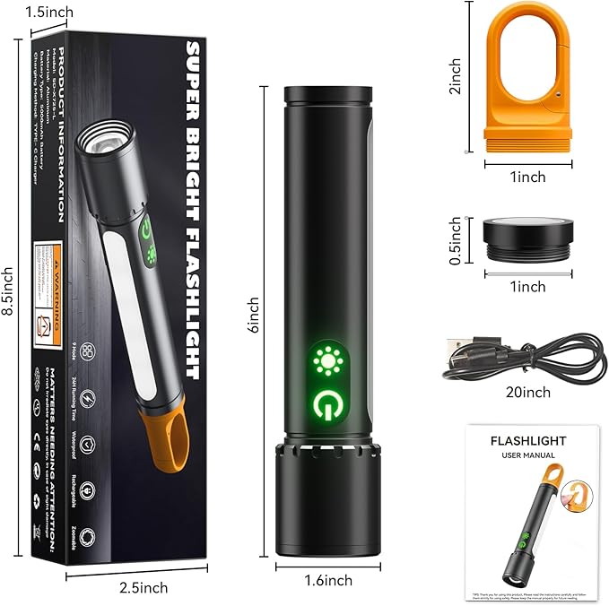 ADDplus Magnetic Flashlight Rechargeable,5000mAh Flashlights High Lumens with 9 Modes,Waterproof, Adjustable,Powerful Flash Light,Emergency Multi-Flashlights for Home,Car,Hiking,Camping (1, Black)