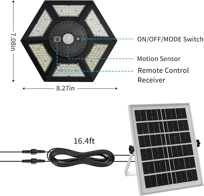 Aqonsie Solar Shed Light Indoor Outdoor 180LED Dual Head Solar Powered Pandent Daytime Work Lights with 5 Lighting Modes & 3 Timers, Solar Indoor Lights Motion Sensor with Remote for Shed Barn Garage