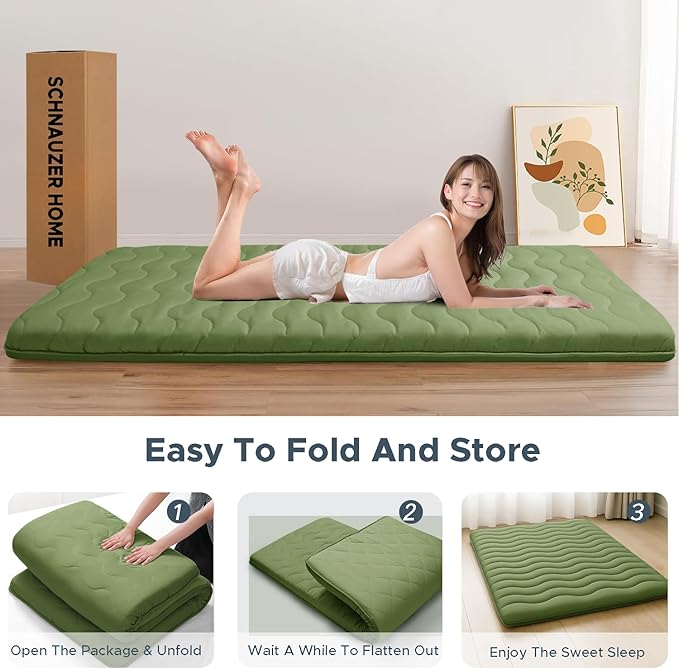 Japanese Floor Mattress, 100% High Density Comfortable Foam, 4" Thicken Foldable Mattress Tatami Mat Sleeping Pad, Ideal for Comfort and Support, Kids Floor Lounger Pillow Bed Sofa, Green, Full