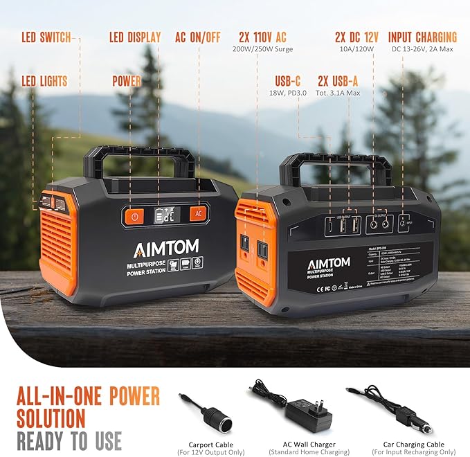 AIMTOM Portable Power Station 173Wh Lithium Battery, 200W AC Outlet (250W Surge), 18W USB-C, 2x USB-A, 2x 12V DC Outputs, LED Flashlight β Ideal for Camping, Travel, Emergency Backup, RV, Home Use