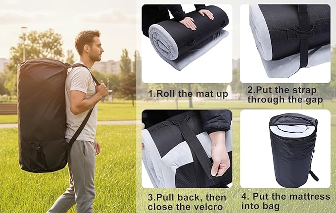 Foam Camping Mattress - Portable Sleeping Pad for Camping, Tent, Car & Floor - Washable Cover & Roll Up Travel Bag - Cot Mattress for Travel & Guests