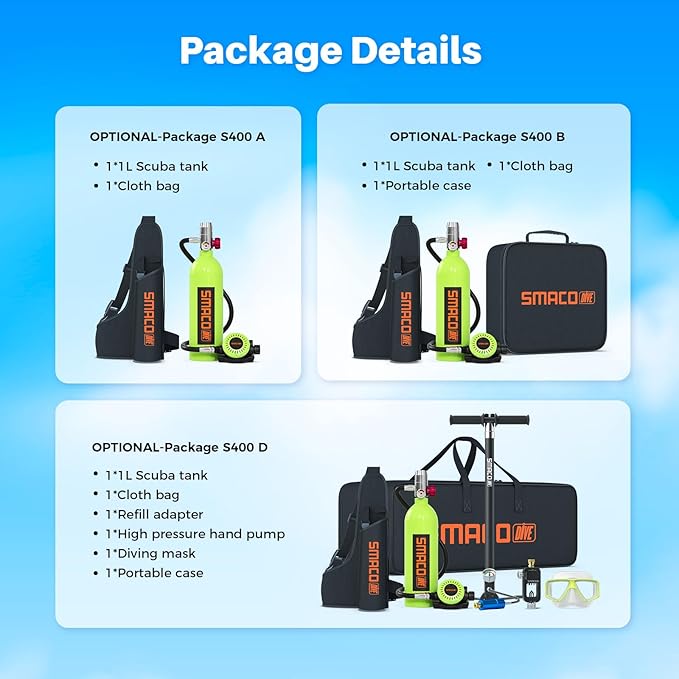 SMACO Mini Scuba Tank 1L Small Diving Tank for Underwater Breathing Portable Lung Air Tank Diving Oxygen Cylinder Kit for Emergency Rescue Boat Cleaning Backup Air Source Pony Bottle S400