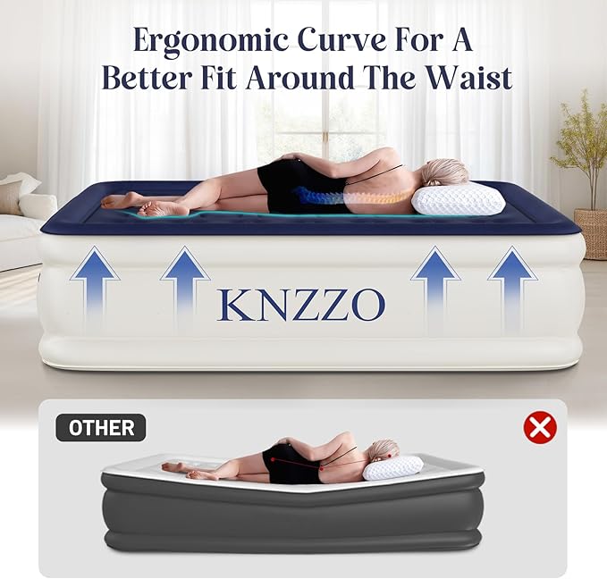 KNZZO Air Mattress Full with Built-in Pump, Blow Up Mattress with Soft Flocked Top, Leakproof Inflatable Mattress, Foldable Waterproof Air Bed for Home, Guests, Camping, with Storage Bag