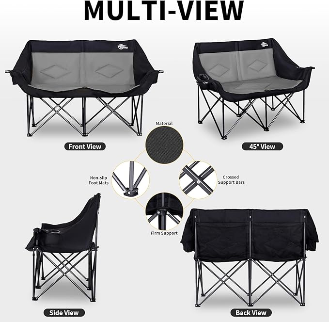 Bolosy 2 Person Camping Chair Camping Loveseat Oversized Double Folding Camping Chair Heavy Duty Two Person Camp Chair Love Seat Dou Chairs Sport Lawn Chair for Adults - Support 650 lbs - Black