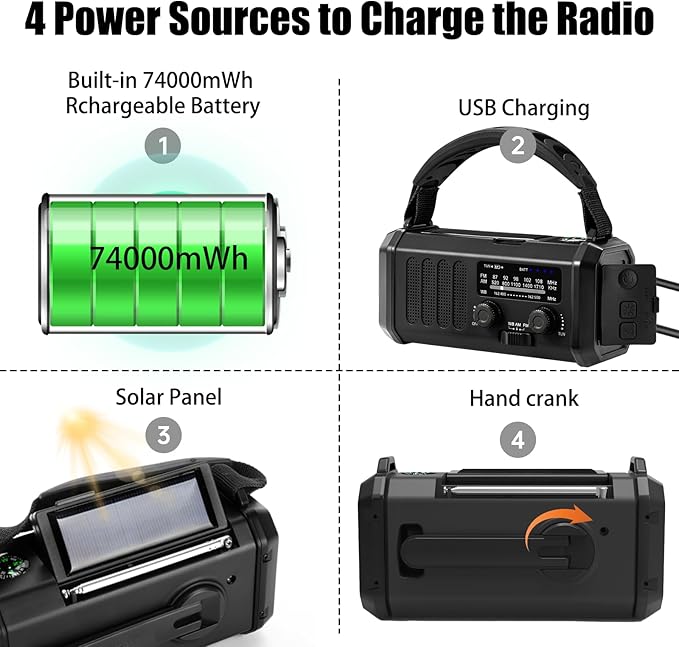 QAUYYW Hand Crank Emergency Radio,74000mWh Solar Powered Portable NOAA AM FM Weather Radio with 3 Mode Flashlight and Reading Light,Cell Phone Charger,Home and Emergency Distress Signal (Black)
