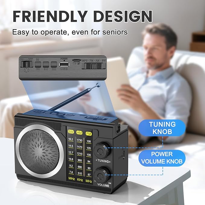 PRUNUS J-135 AM FM Radio Portable Bluetooth, Solar/AA Battery Operated/USB-C Rechargeable for Emergency, Transistor Radios with Flashlight,Support TF Card/USB Playing, Large Knob Easy to Use