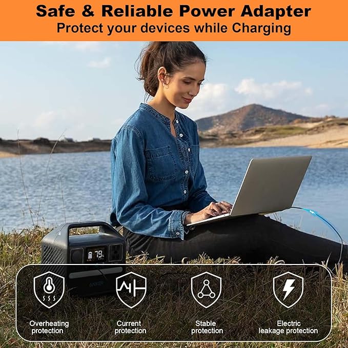 65W Power Adapter with 65W Car Charger for Anker Portable Power Station A1720, Anker 521/523/533, A1730/A1731, Powerhouse II 300 (256Wh/288Wh/389Wh), and 300W/200W Solar Power Station