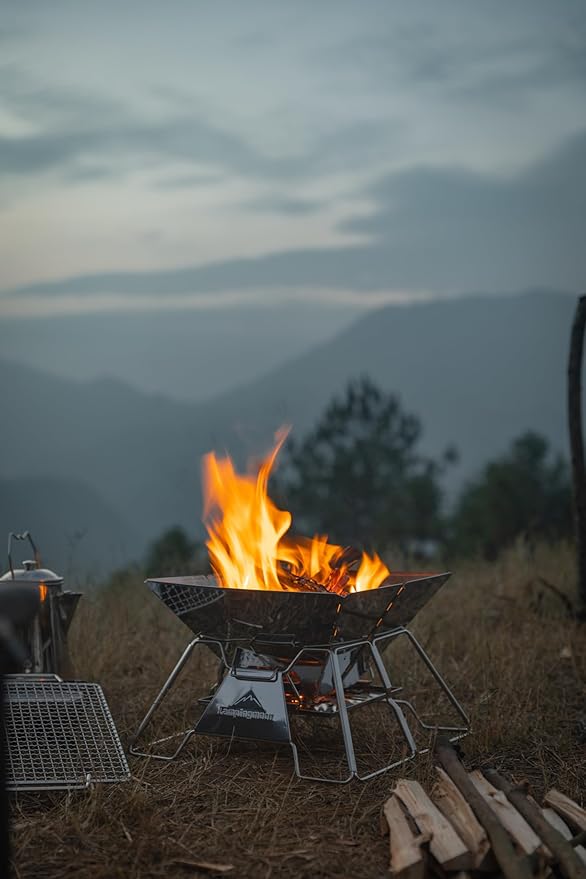 CAMPINGMOON Portable Campfire BBQ Grill 14 Inch Stainless Steel Folding Fire Pit Wood Burning Adjustable Height Outdoor Cooking RV Camping Carry Bag MT-2