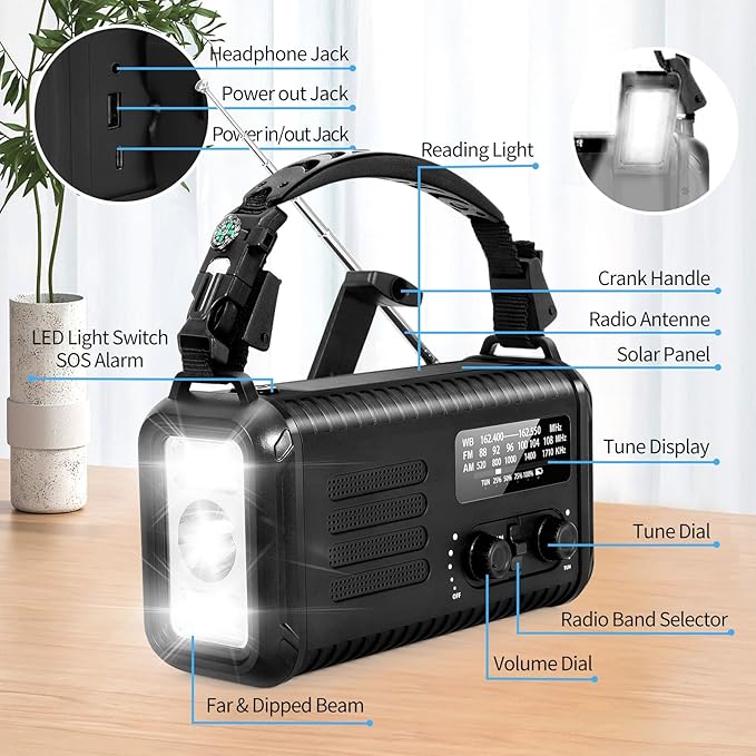 20000mAh Emergency Crank Radio, NOAA/AM/FM Portable Weather Radio, Solar Hand Crank Radio, Battery Powered with USB Phone Charger, Flashlight Reading Lamp & SOS for Survival Camping (Black)
