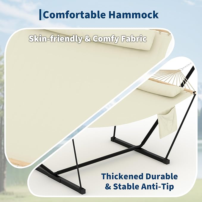 Garvee Double Hammock with Stand for Outdoor, Heavy Duty Portable 2 Person Hammock with Adjustable Steel Stand for Patio, Garden, Beach, Backyard