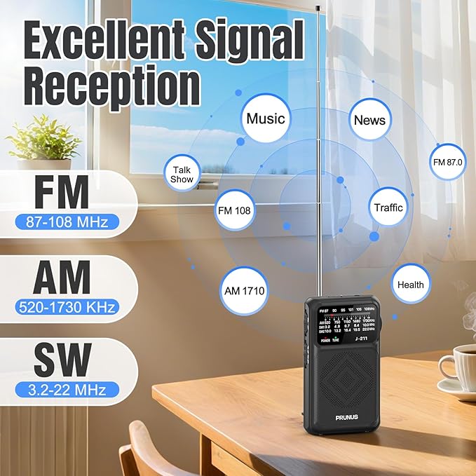 PRUNUS J-211 Portable Radio AM FM with USB C Charging and AA Battery Operated, Transistor Radio, Strong Reception& Clear Speaker, Headphone Jack, Back Clip, Lanyard, Small Radios Portable AM FM